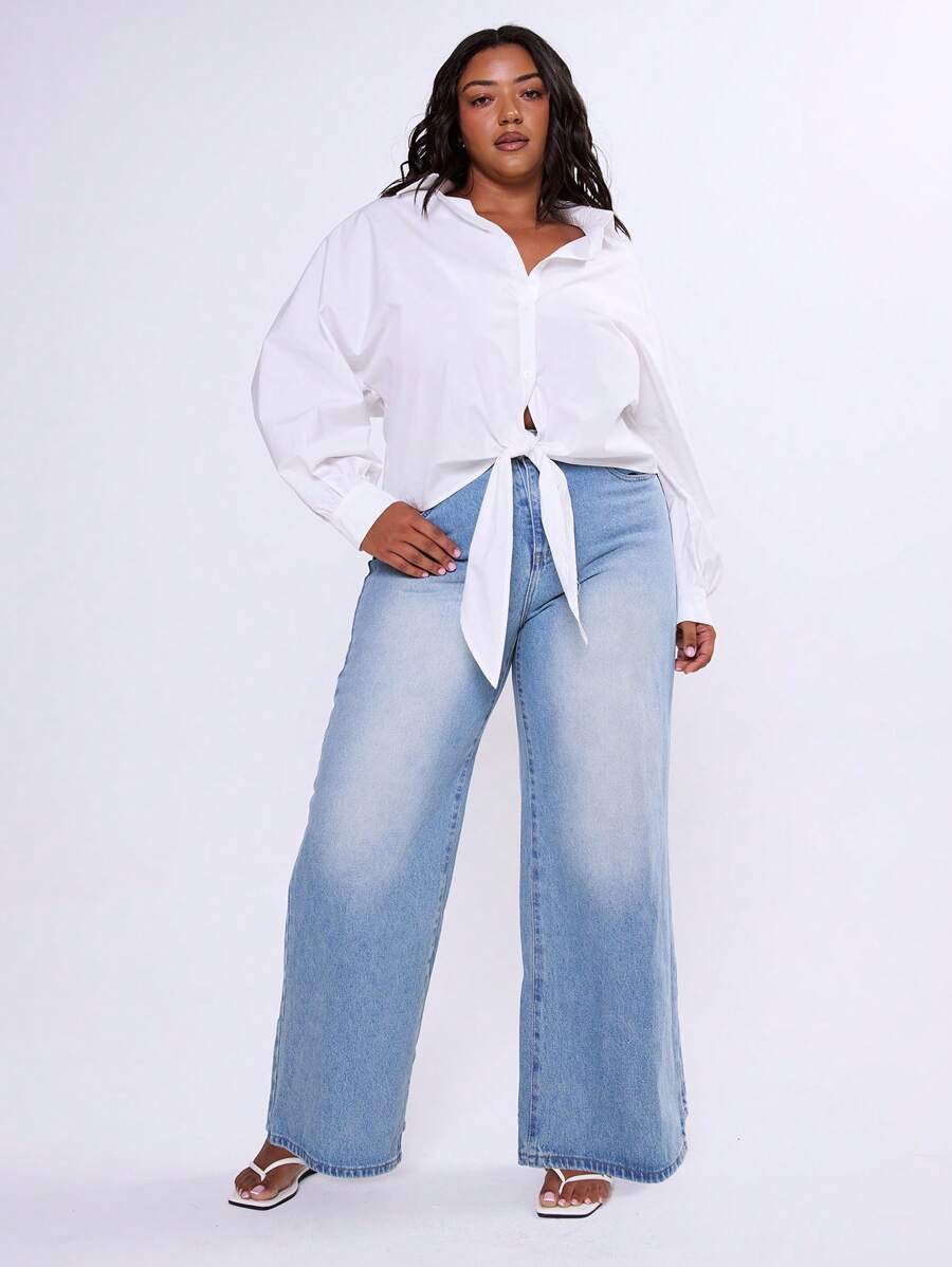 SHEIN Unity Plus Size High Rise Wide Leg Washed Jeans Summer Vacation Holiday Curve Sexy 90's - Blue - View 1