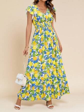 Amorya Damen elegantes gerafftes Flügelärmel, elastischer Taillenbund, Fruchtdruck Kleid, Frühlings-/Sommer Strandresort Kleid