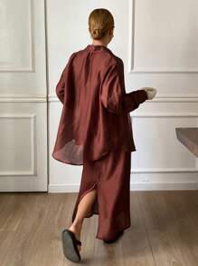 DAZY Ensemble 2 pièces chemise col femme couleur unie + robe - Rouge - Voir 2