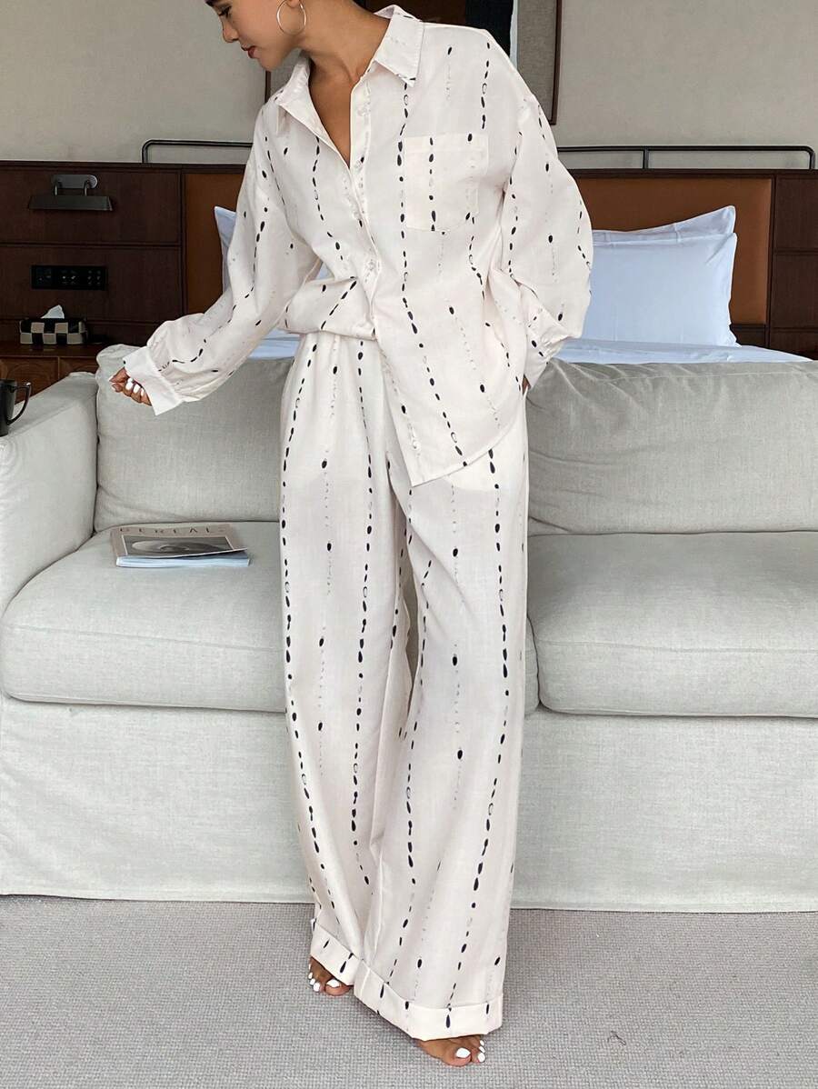 DAZY 度假风格圆点条纹全身印花休闲女士睡衣套装,秋季服装 - 米色 - 查看 1