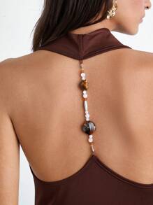 Maija Nuevo top sin espalda con cadena y cuentas de color café con leche para mujer, diseño elegante, romántico y casual para uso diario, oficina, fiesta, boda, brunch, festival de música y talla grande, regalo de cumpleaños - Café integral - Ver 6