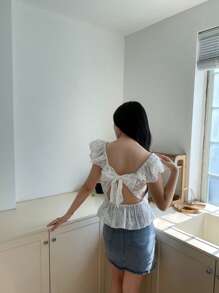 Áo cánh tay lửng thêu hoa đa năng, thoải mái, phù hợp với mọi phong cách cho bé gái tuổi teen, thích hợp cho các buổi đi chơi, kỳ nghỉ, trường học, mùa xuân/hè - trắng - Xem 3