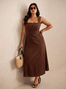 Elaquor Vestido Casual de Mulheres Plus Size com Gola Quadrada, Cintura Marcada e Sem Mangas, Estilo de Férias