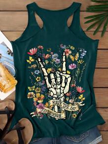 SHEIN LUNE Casual Skeleton & Floral Pattern Round Neck Racerback Tank Top For Women, Summer Back To School - Dark Green - View 2