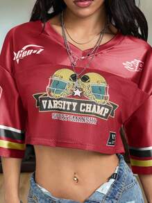 Coolane 女士夏季V领宽松字母印花短袖休闲T恤 - 紅色 - 查看 3