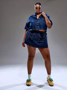 MUSERA Plus Size Low Rise Pocket Front Tie Side Denim Mini Skirt Only Summer Streetstyle Vacation Holiday 90's Y2k Cute Casual City Muse Streetwear
