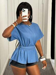 Slaydiva Women Solid Color Waist Band Round Neck Short Sleeve Denim Top, Summer Denim Top Vacation Y2k Cute Going Out Tops - Medium Wash - View 2