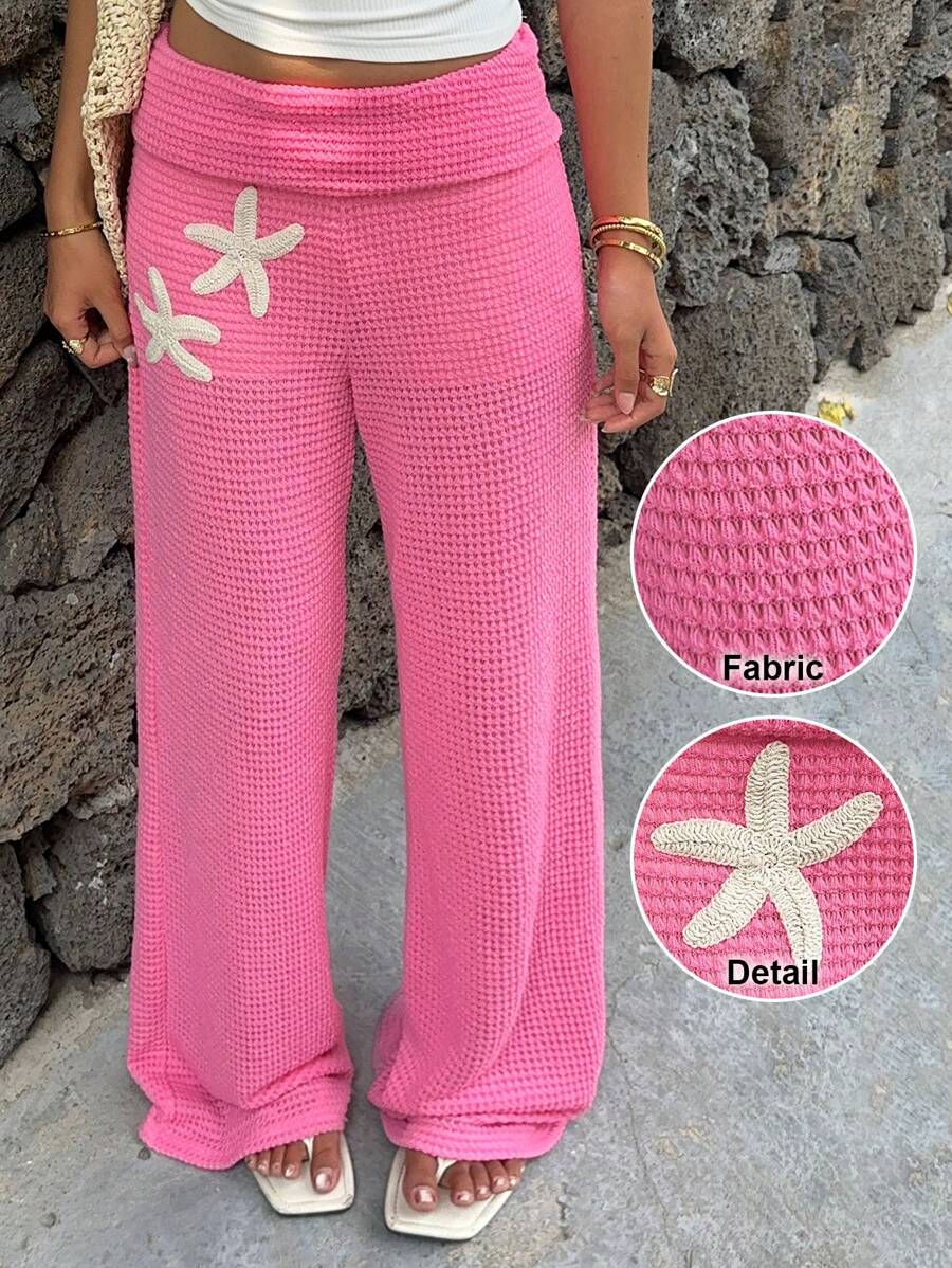 SHEIN EZwear 女士度假风粉色针织阔腿裤 - 粉色 - 查看 1