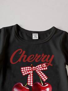 SHEIN Playful Pals 女婴休闲韩版可爱蝴蝶结印花粉色蝴蝶结短袖上衣和荷叶边蝴蝶结牛仔裤，夏季 - 黑色 - 查看 5