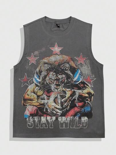 Street Life Canotta estiva casual da uomo con stampa a stella a cinque punte e leone, girocollo