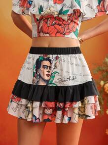 Frida Kahlo X SHEIN X Designer KATHARSIS 夏季花卉印花荷叶边多层松紧腰迷你裙夏季