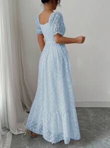 Modelyn Women's Puff Sleeve Jacquard Fabric Design Flared Hem French Elegant Sweet Summer Dress - Blue - View 2