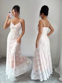 Rafferiza Women's Floral Lace Elegant Long Dress, Spaghetti Strap, Summer - Multicolor - View 1