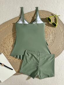 Swim Lushoire Hollow Panel Drawstring Ruffle Hem Adjustable Strap Crop Top And Boyshorts Bikini Set, Mature Woman Style, Army Green' - Army Green - View 7