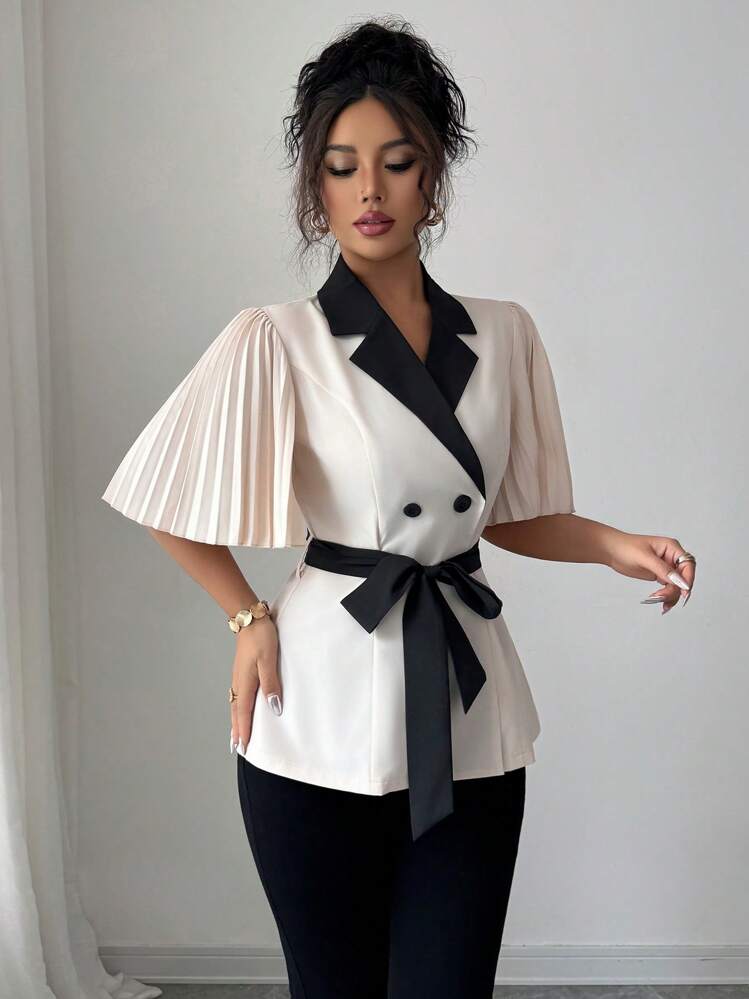 Elenzga Áo sơ mi cổ chữ V màu tương phản, tay áo xếp ly, trang phục công sở và nghỉ dưỡng kiểu Pháp thanh lịch với hàng nút cài đôi, thiết kế buộc eo cho dáng người thon gọn, áo tay ngắn mùa hè mới cho buổi hẹn hò - Màu be - Xem 6
