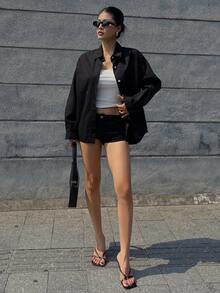 DAZY 女式长袖单排扣休闲宽松牛仔衬衫 - 黑色 - 查看 5