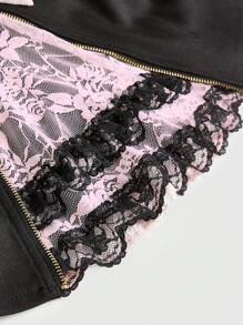 ROMWE J-Fashion Y2K Gyaru Himekaji High Rise Lace Faux 2-In-1 A-Line Skirt With Plus Size Bow For Plus Size Women - Black - View 5