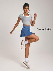 Flexra Women's Summer Patchwork Pocket Flare Hem Denim Mini Skirt - Blue - View 2