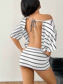 SHEIN EZwear 女士条纹撞色短袖露背迷你连衣裙