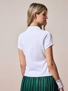CourtClass 女式拼色 V 领 Polo 衫休闲宽松高尔夫和网球运动 Polo 衫，适合日常穿着，春夏季 - 白色 - 查看 3