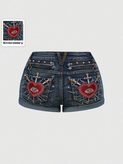 Fairycore Pantaloncini di jeans a vita bassa di taglia comoda con dettagli ricamati a cuore, gemme, cristalli e stelle