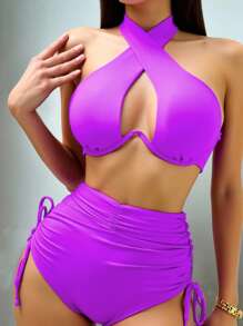 SHEIN Swim 女款素色鏤空掛脖綁帶性感比基尼泳衣套裝，附鋼圈，適合夏季海灘 - 紫色 - 查看 1