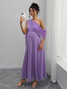 Momance French Elegant Chiffon Asymmetrical Ruffle Off-Shoulder Maternity Dress, Stylish For Everyday Wear - Purple - View 7
