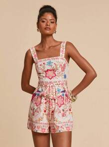 Travachic Women's Tropical Floral Print Jumpsuit/Romper, Vacation Wear,Vacation Outfits Woman,Vacay Outfits Women,Beach Vacation Outfits,Summer Outfits For Women,Romper,Jumpsuits For Woman