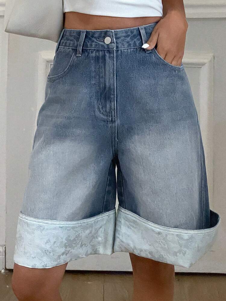Women's Loose Straight Mid-Thigh Western Cowboy Print Patchwork Denim Shorts, Casual Summer Jorts