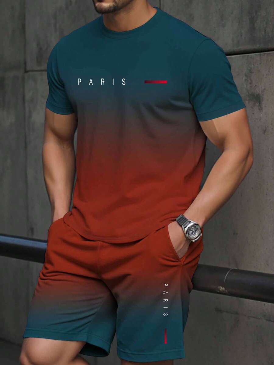 Manfinity Homme Bộ 2 áo thun cổ tròn tay ngắn in chữ thường ngày cho nam và quần short cạp rút - Nhiều màu - Xem 1