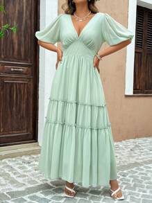 SHEIN Unity Đầm dạ hội xếp tầng xẻ tà tay bồng cổ chữ V sâu cỡ lớn - Màu xanh Bạc hà - Xem 1