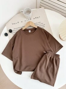 SHEIN LMoss Kids LMoss Tween Girl 纯色圆领短袖 T 恤和短裤套装 - 卡其色 - 查看 3