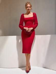RueChic Women Elegant Dress, Mesh Fabric Patchwork, Bodycon Shape - Red - View 4