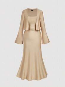 SHEIN MOD 大码香槟色两件套女士开衫中长连衣裙 - 香檳色 - 查看 5