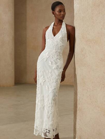 Aveloria Rosie 优雅浪漫性感网眼花卉深 V 露背开衩领口美人鱼连衣裙