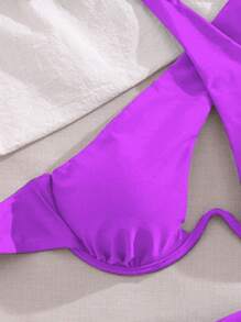 SHEIN Swim 女款素色鏤空掛脖綁帶性感比基尼泳衣套裝，附鋼圈，適合夏季海灘 - 紫色 - 查看 3