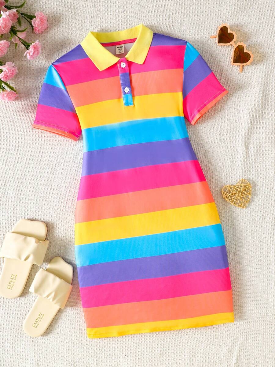 SHEIN Tween Girls Casual Spring/Summer Fitted Polo Collar Knit Dress