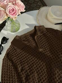 Comfortcana Plus Size Solid Color See-Through Hollow Out Casual Long Sleeve Sweater In Fall/Winter - Brown - View 4