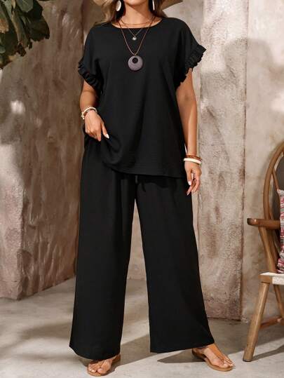 EMERY ROSE Plus Size Black Summer Boho Vacation Holiday Two Piece Set,Ruffle Collar Blouse And Elastic Waist Drawstring Wide Leg Pants Outfit For Women