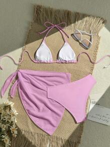 Zestiva 3pcs/Set Solid Color Textured Bikini Swimsuit For Beach Vacation For Summer