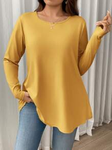 SHEIN Privé Camiseta de manga larga holgada y elástica de cuello redondo lisa, talla grande, adecuada para tiempo libre, hogar y ropa de resortacion - Amarillo - Ver 7