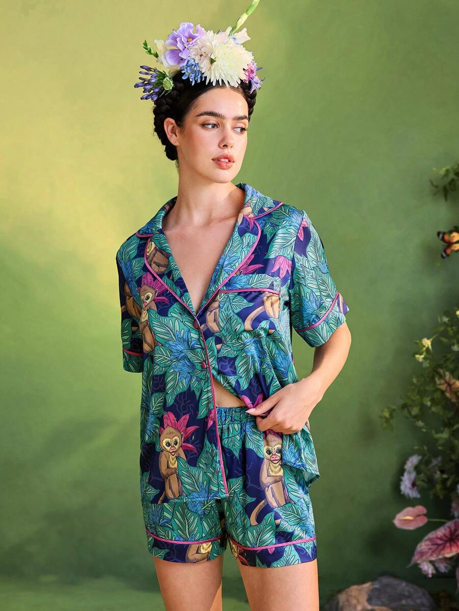 TIYA Frida Kahlo X SHEIN X Designer Summer Tropical Printed Satin Piping Casual Short Sleeve Button Up Top & Shorts Sets - Multicolor - View 1