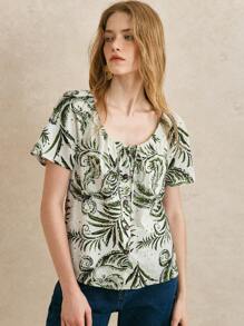 Écloséra Áo cánh trắng thêu hoa rỗng cổ tròn phong cách Pháp cổ điển, thắt dây rút, tay áo raglan, hàng khuy đơn cho nữ - Nhiều màu - Xem 5