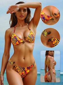 Swim Vcay 女士沙滩装，随机花卉印花性感豹纹比基尼套装，露背系带泳衣 - 亮橙色 - 查看 1