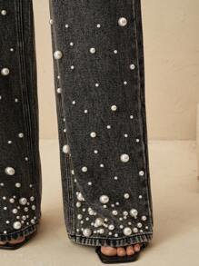 Anewsta 女士时尚串珠直筒宽松阔腿牛仔裤，春季嘉年华和情人节