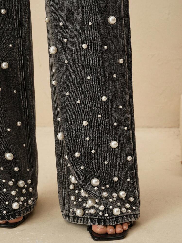 Women's Fashionable Beaded Straight Loose Wide-Leg Jeans Pants, Spring Carnival & Valentine's Day