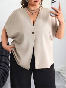 SHEIN CURVE+ 夏季休闲纯色短袖开襟衬衫，大码夏季/乡村/海滩度假/沙滩装，大码衬衫，大码开衫，夏季开衫，大码短袖开衫，大码女式衬衫，商务休闲 - 杏色 - 查看 1