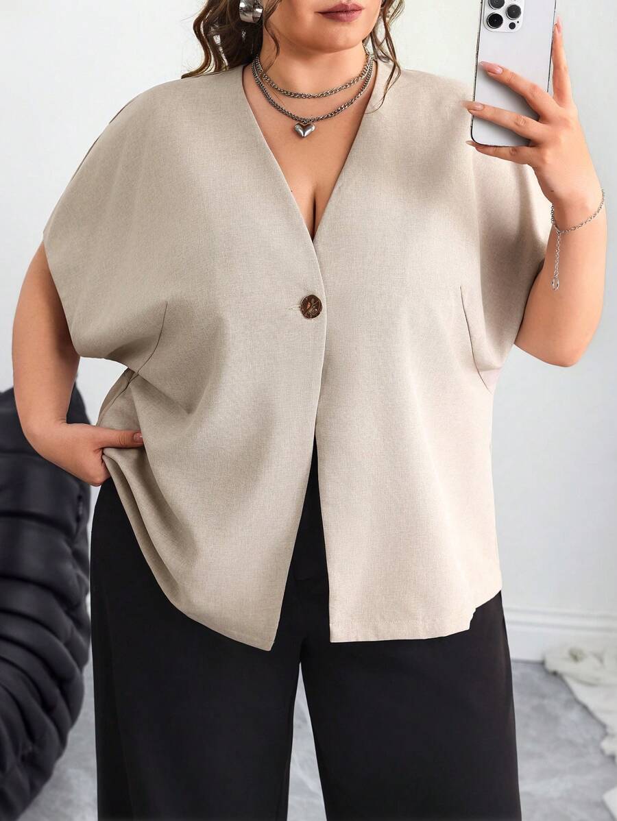 SHEIN CURVE+ 夏季休闲纯色短袖开襟衬衫，大码夏季/乡村/海滩度假/沙滩装，大码衬衫，大码开衫，夏季开衫，大码短袖开衫，大码女式衬衫，商务休闲 - 杏色 - 查看 1