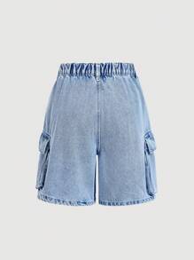 SHEIN Tween Girls' Y2K Spring Summer Flap Pocket Side Baggy Straight Leg Denim Jeans Shorts, Girls Summer Clothes Concert Outfits - Light Wash - View 2