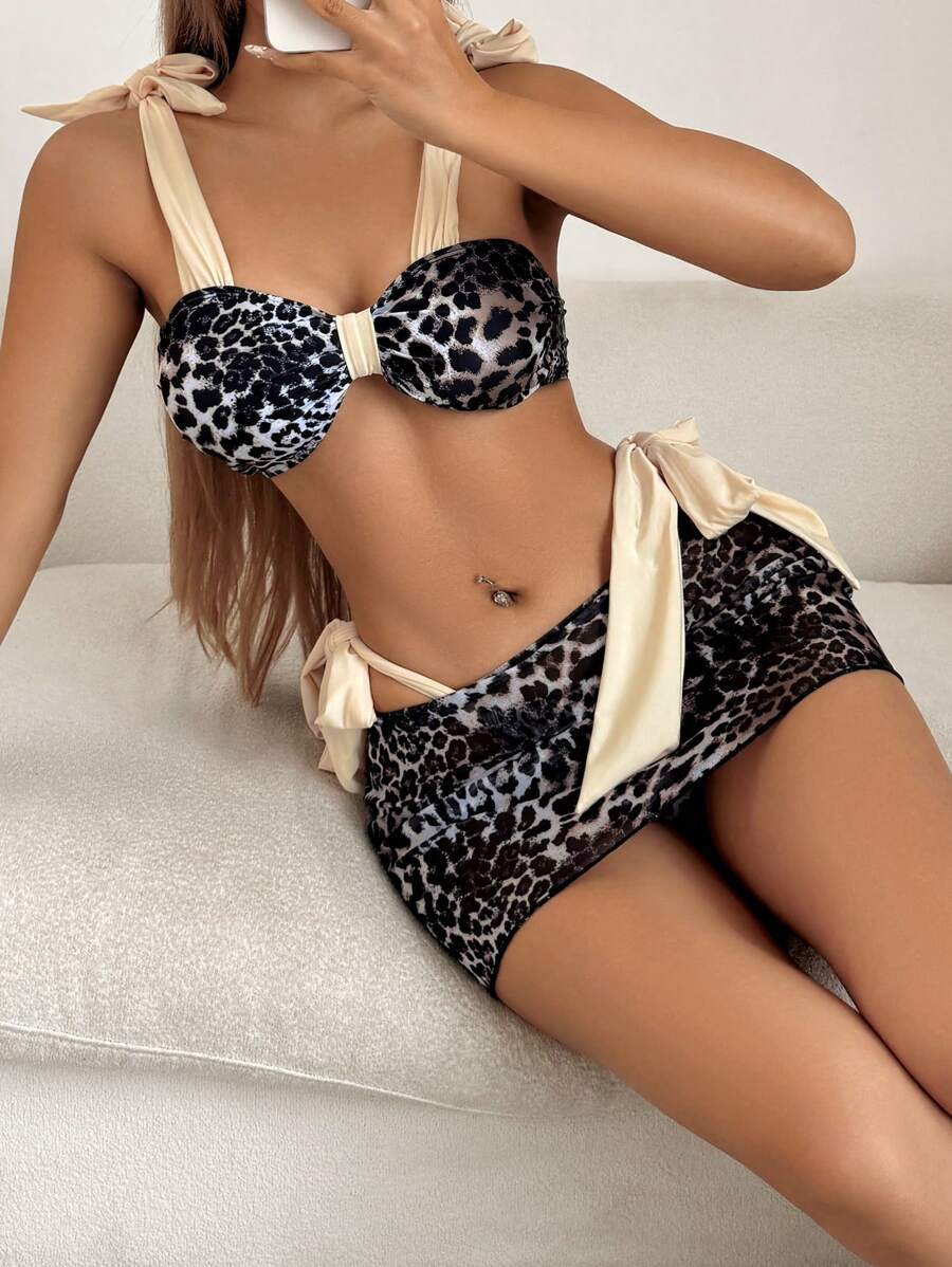SHEIN Swim 3 PiecesLeopard Print Patchwork Tie-Bow Swimwear Set For Women, Summer - Multicolor - View 1